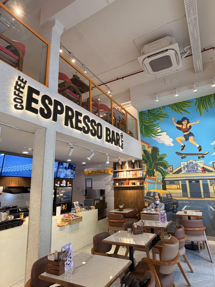 Espresso bar with skateboard mural