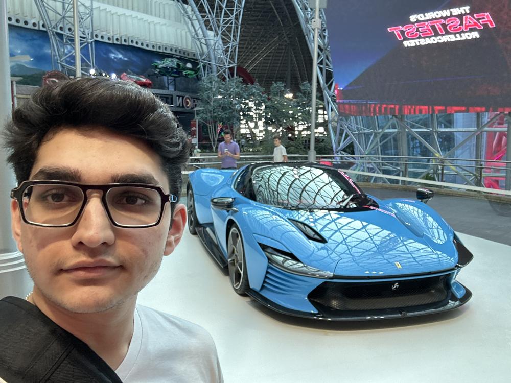 Ferrari world selfie with blue ferrari