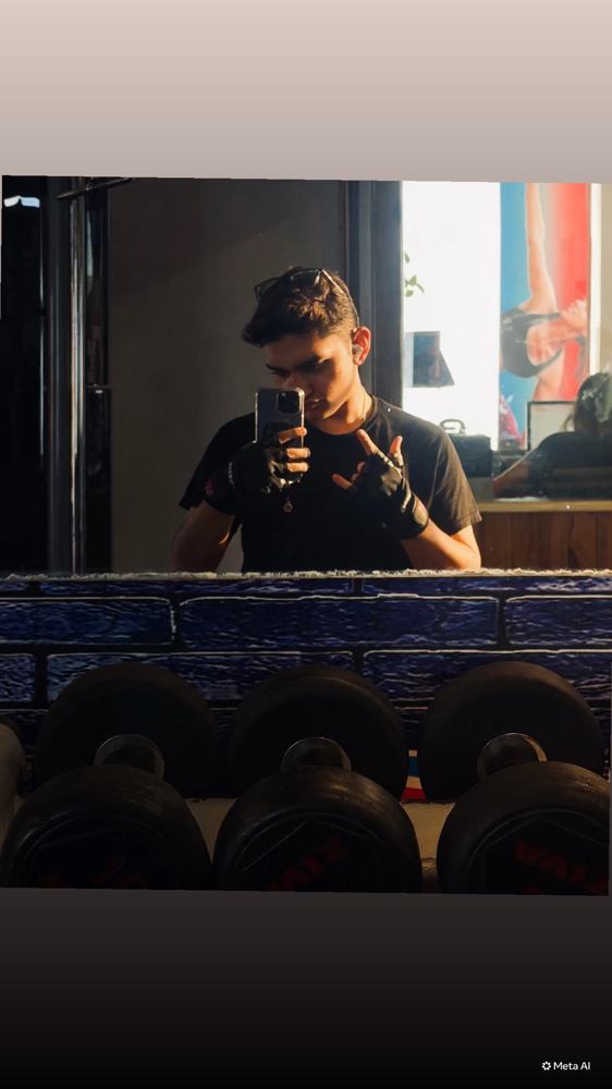Gym mirror, post-set (AI-edited)
